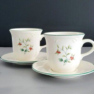 Pfaltzgraff Winterberry Cup & Saucer, 2 Sets, Winter Christmas Dishes USA Made